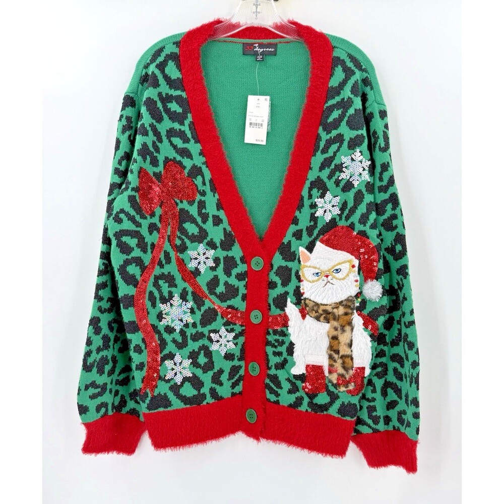 NEW 33 Degrees Women's XXL Green Red Cat Lover Ugly Christmas Sweater Party - Picture 6 of 15
